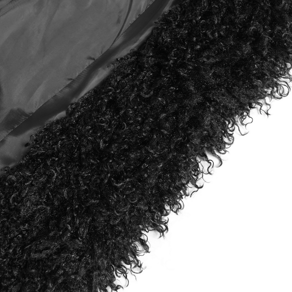 Close-up of textured black faux fur trim on a gothic hooded coat, showcasing its edgy and dramatic detail.