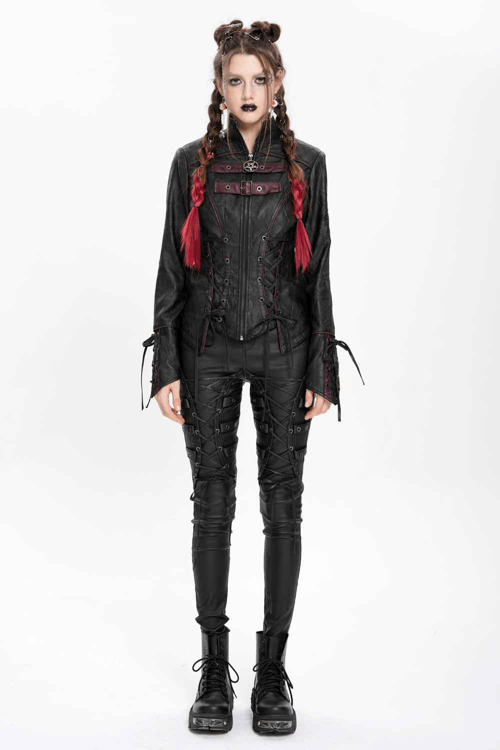 Punk gothic black faux leather jacket with lace-up sleeves and buckles, styled for a bold alternative fashion look.