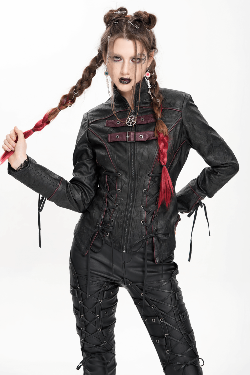 Fashion Gothic Biker Jacket Gothic Black Faux Leather Jacket With