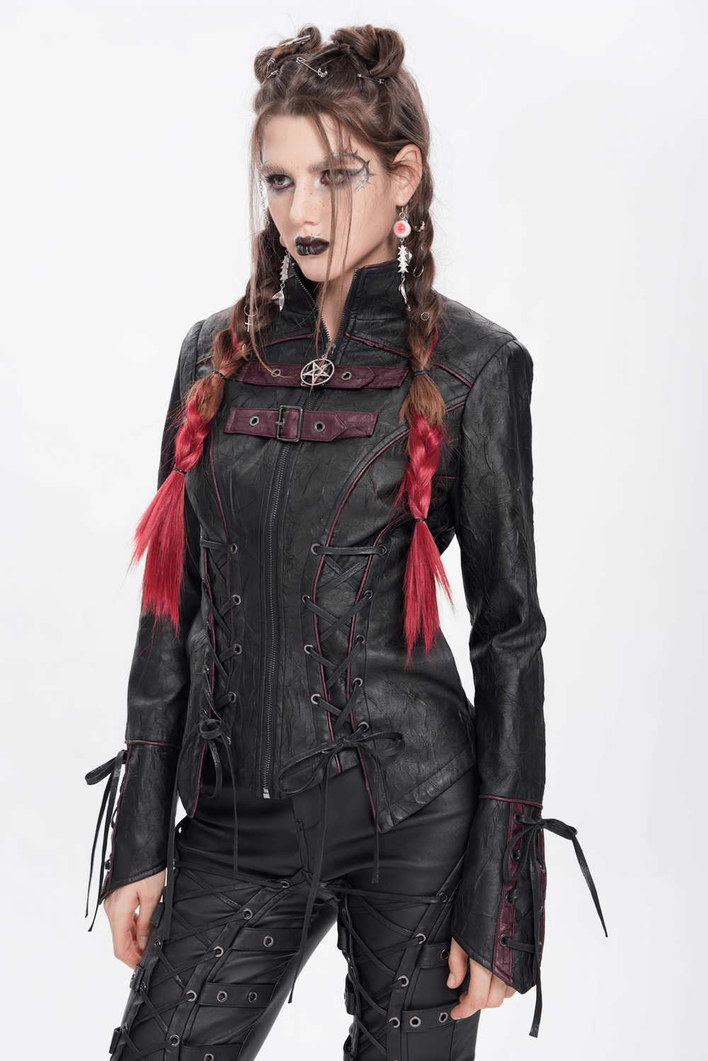 Gothic black faux leather jacket with buckles and lacing, featuring red accents and a high collar.