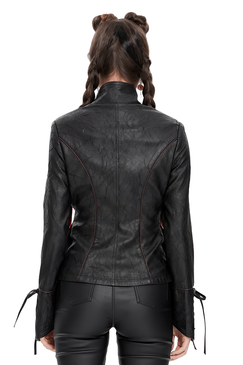 Back view of a Gothic black faux leather jacket with lace-up sleeves and high collar, showcasing detailed seams.