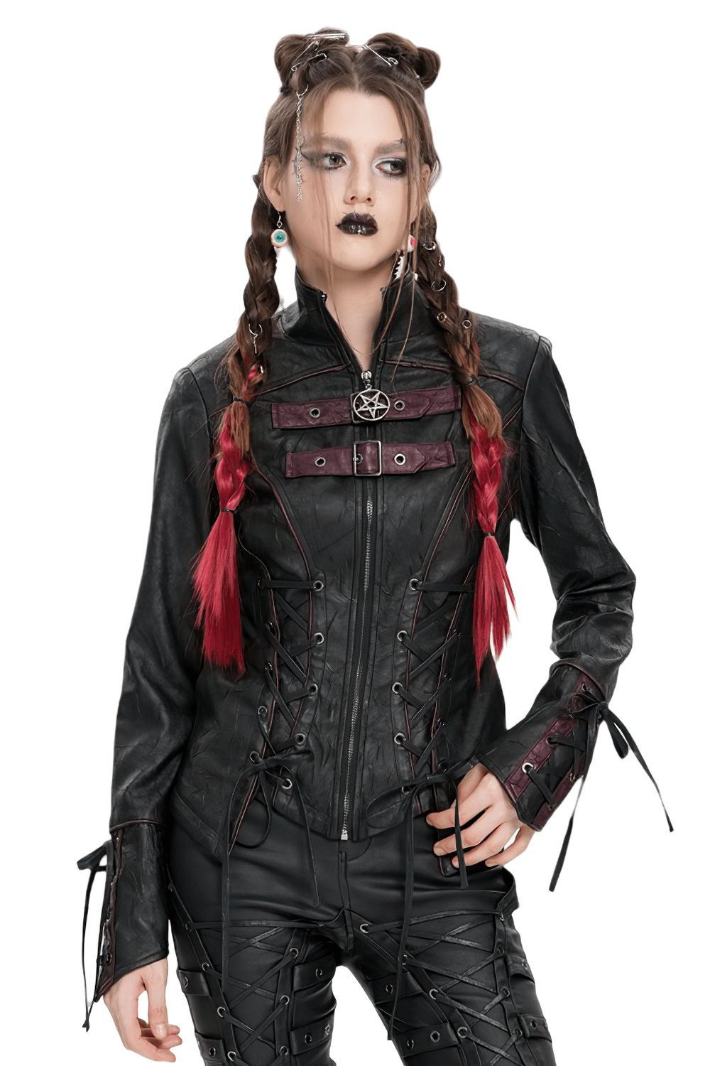 Gothic black faux leather jacket with buckles, lacing details, and red accents perfect for punk style enthusiasts.