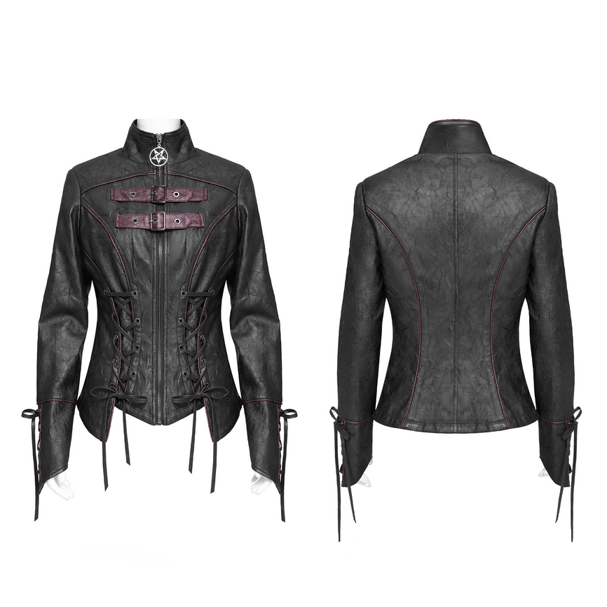 Gothic black faux leather jacket with buckles, lace-up details, and high collar, featuring a pentagram zipper pull.