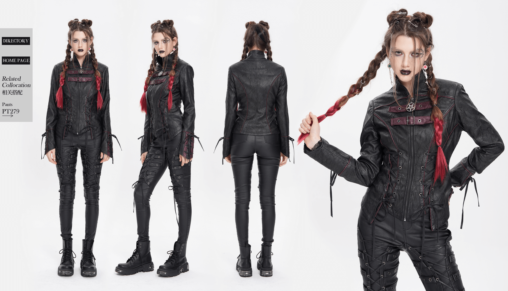 Gothic black faux leather jacket with red accents, lace-up details, and buckles, styled in punk fashion.