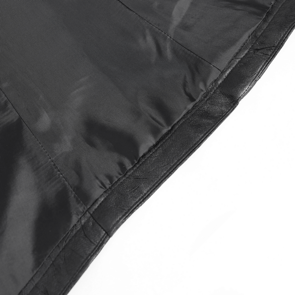 Close-up of the interior lining of a Gothic black faux leather jacket, showcasing its sleek finish and tailored seams.