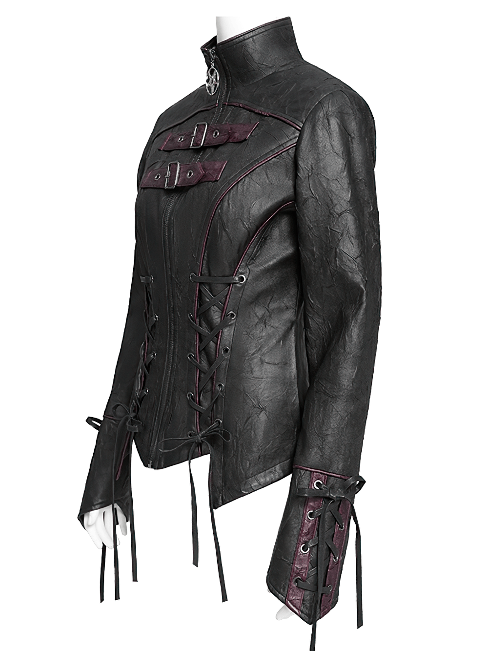 Gothic black faux leather jacket with buckles and lacing, featuring high collar and deep red accents.