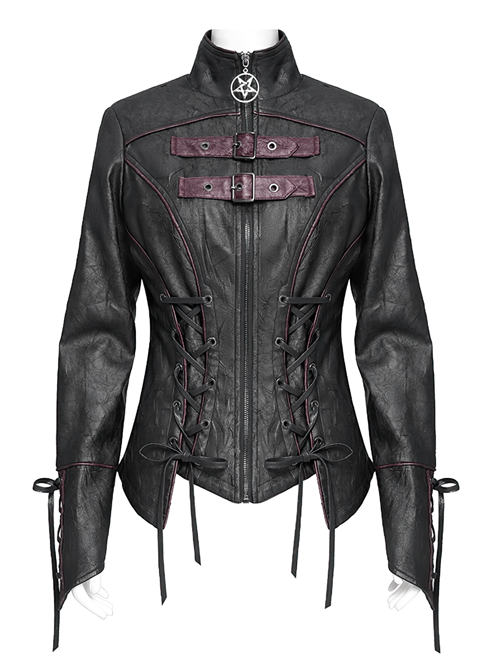 Gothic black faux leather jacket with buckles, lace-up details, and pentagram zipper pull, perfect for punk fashion.