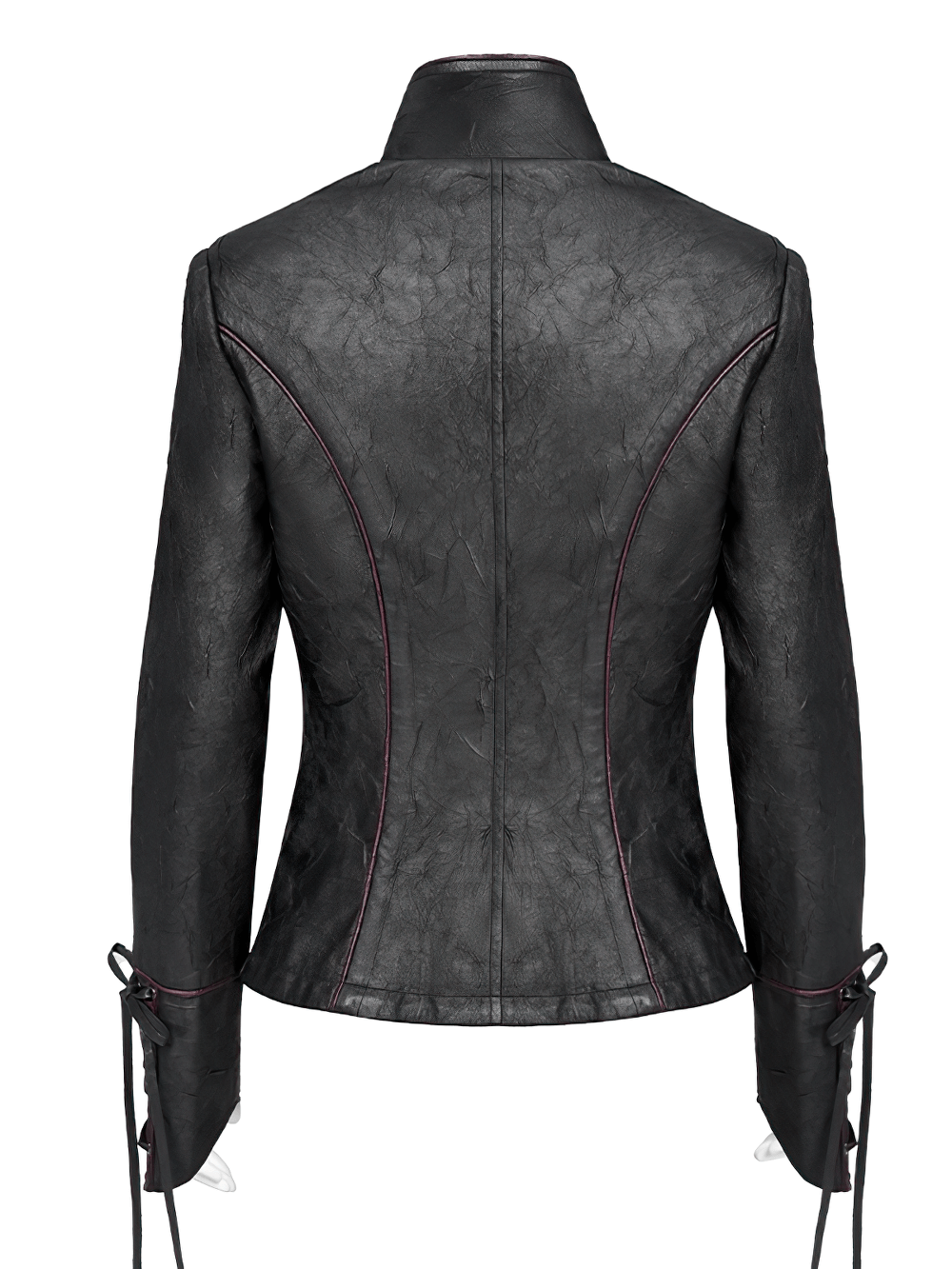Back view of Gothic Black Faux Leather Jacket featuring lace-up sleeves and deep red accents for a punk look.