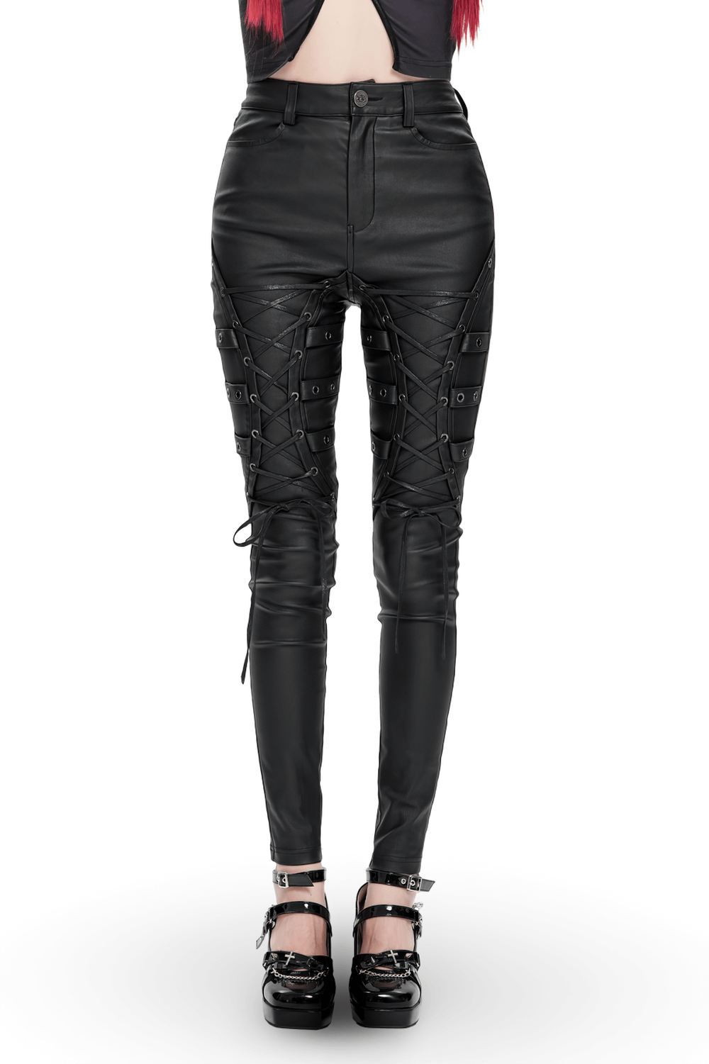 Gothic black faux leather pants with lace-up straps for women, perfect for punk rock style and nightlife.