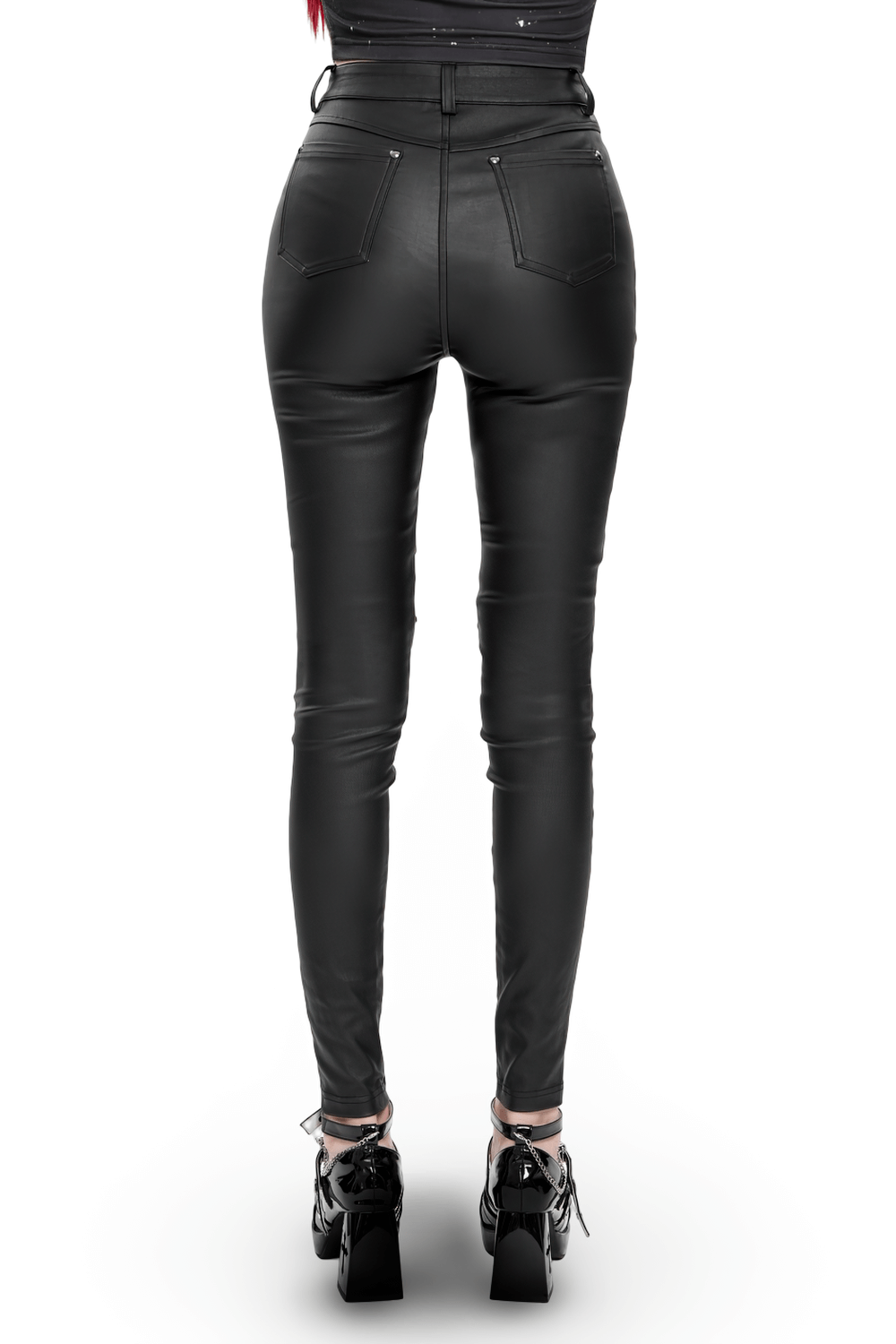 Back view of high-waisted gothic black faux leather pants with lace-up straps and pockets.