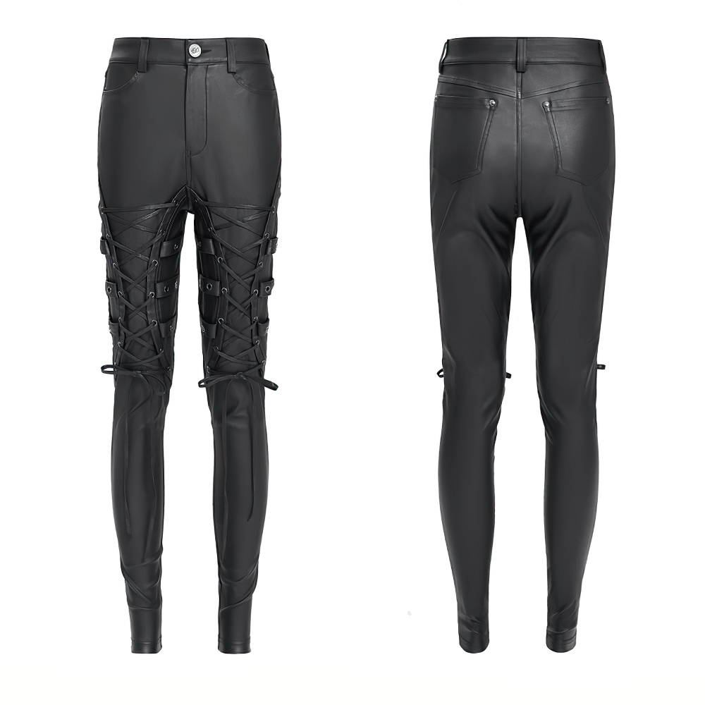 Gothic black faux leather pants with lace-up straps, featuring a sleek fit and high-waisted design for punk rock style.