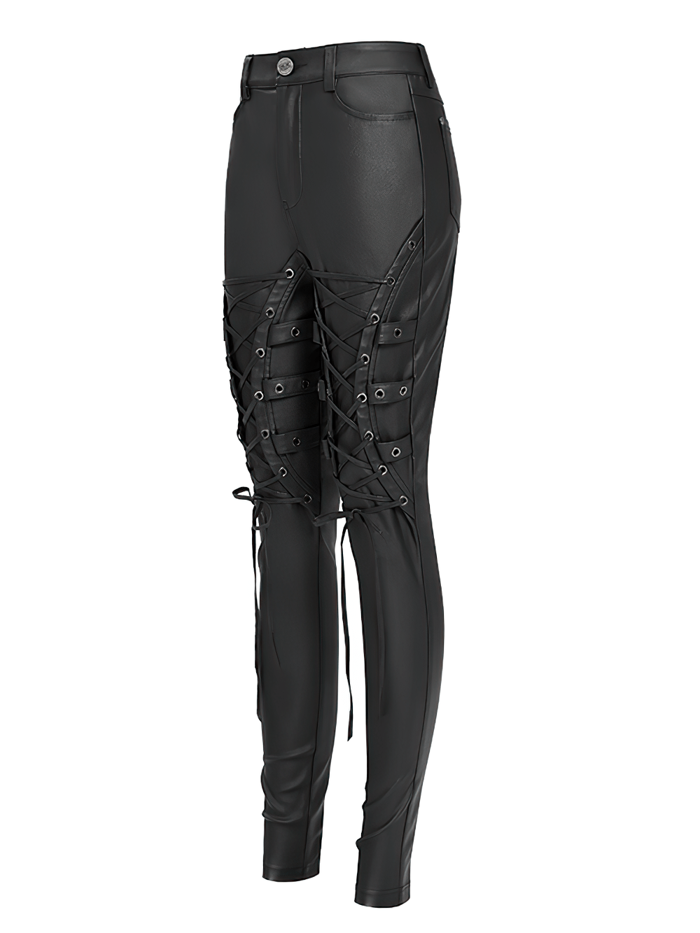 Gothic black faux leather pants with lace-up straps and metal eyelets for a punk rock look.