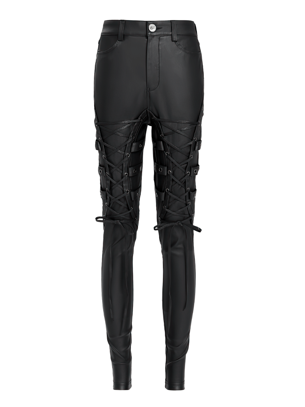 Gothic black faux leather pants with lace-up straps and metal eyelets for a punk rock style.