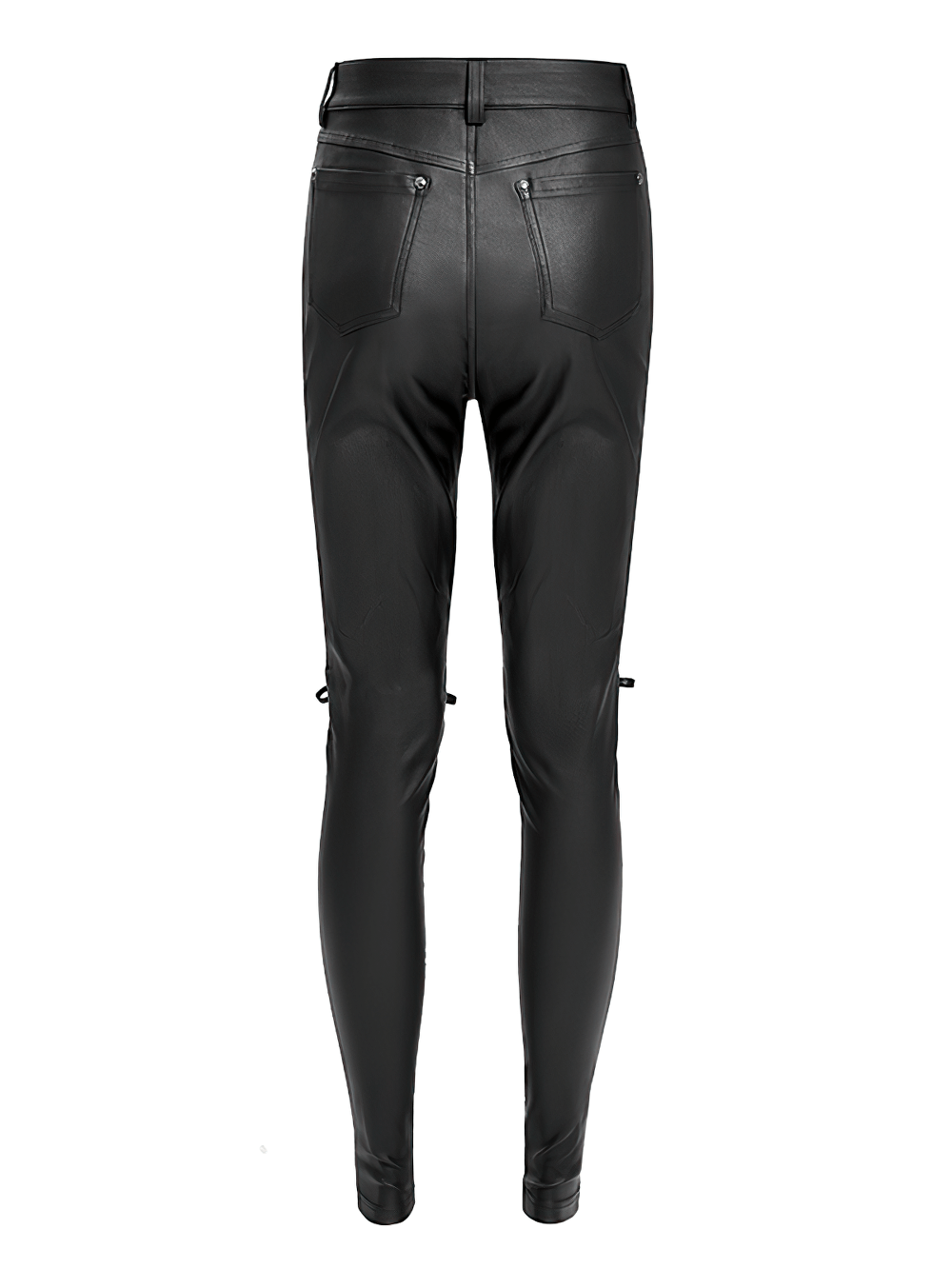 Back view of Gothic black faux leather pants with lace-up straps and functional pockets, ideal for punk rock fashion.