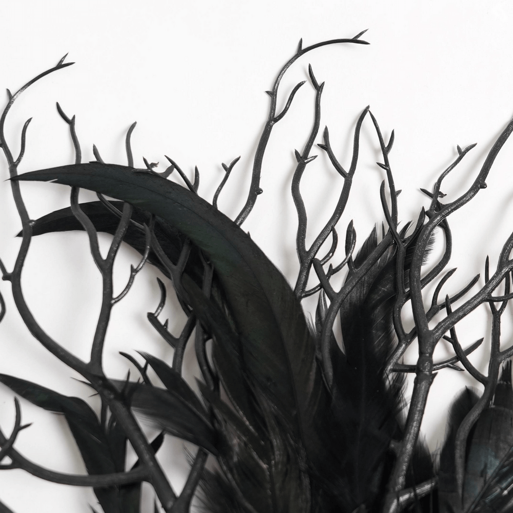 Gothic Black Feather and Twig Hand Fan with Cross Charms - Close-up of black feathers and twig accents.