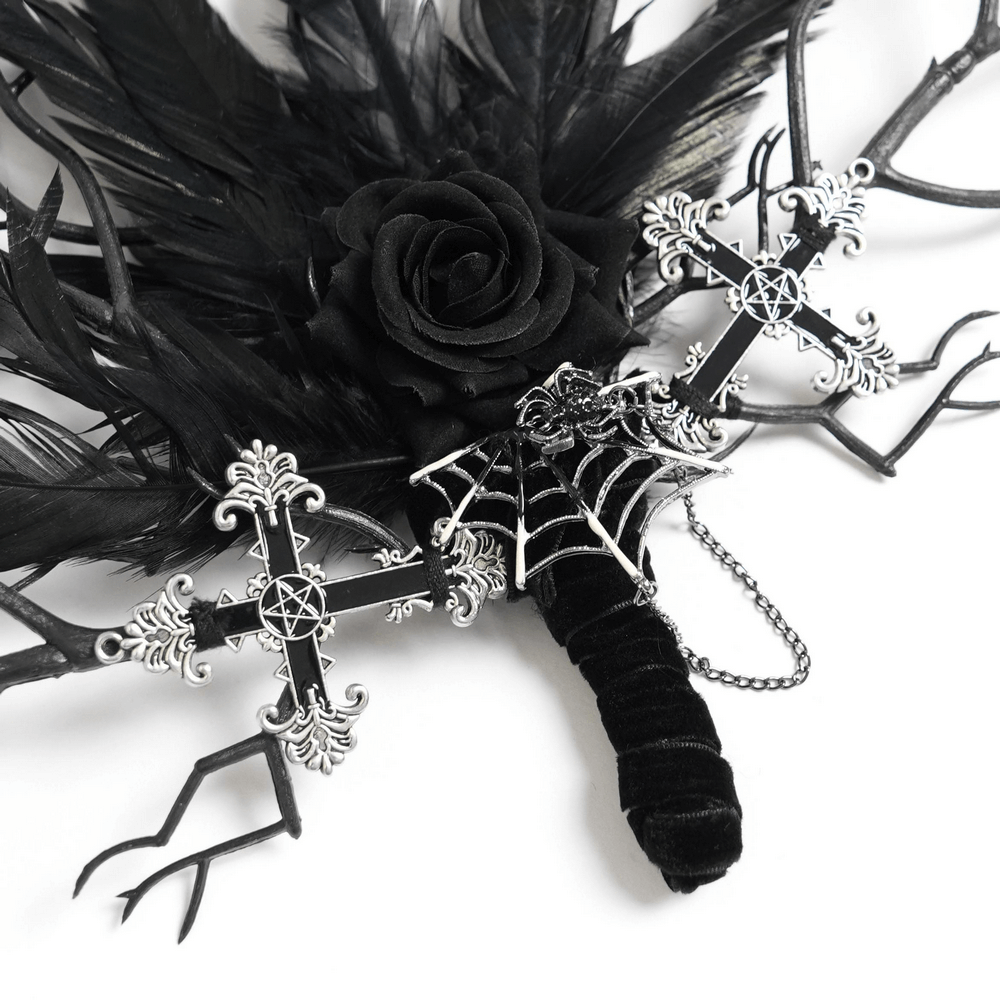 Gothic Black Feather and Twig Hand Fan with Cross Charms featuring black rose and intricate accents.