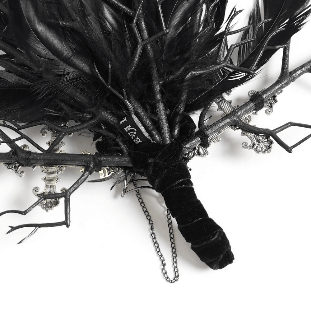 Gothic Black Feather and Twig Hand Fan with Cross Charms showcasing black feathers and intricate branch details.