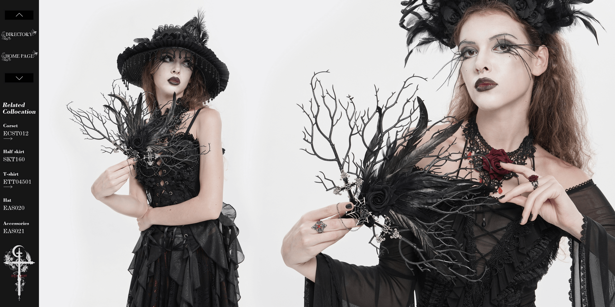 Gothic Black Feather and Twig Hand Fan with Cross Charms held by model in dramatic black attire and accessories.