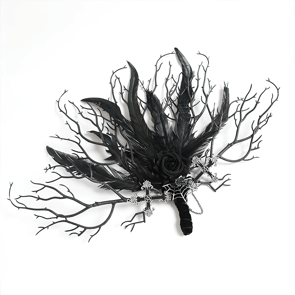 Gothic Black Feather and Twig Hand Fan with Cross Charms featuring dark feathers, a black rose, and twig accents.