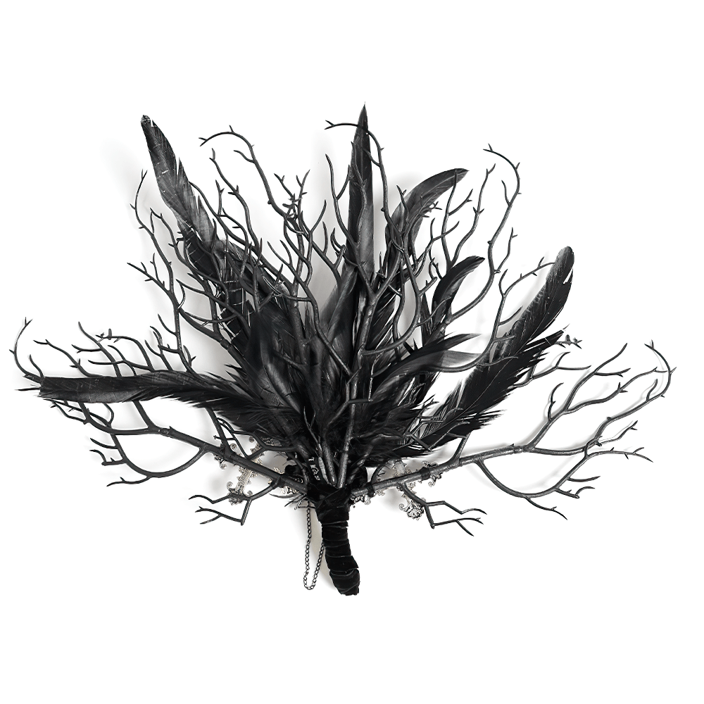 Gothic Black Feather and Twig Hand Fan with Cross Charms, elegant with black feathers and branch accents.