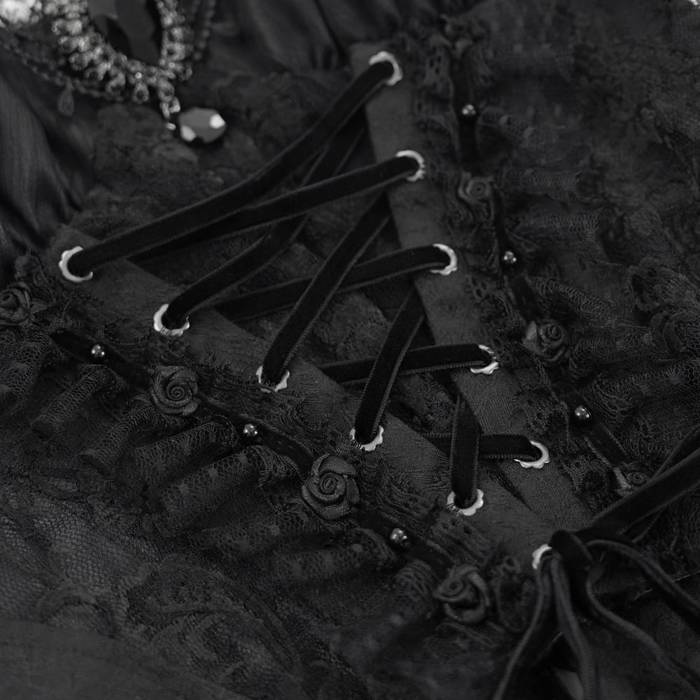 Gothic black feather corset top with lace-up, featuring floral details and elegant black ribbon lacing for a mysterious look.