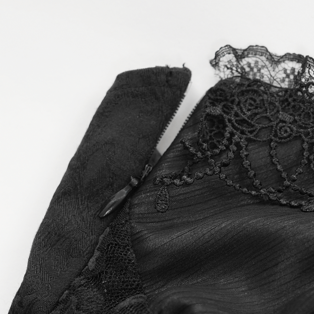 Close-up of Gothic Black Feather Corset Top with intricate floral lace details and zipper, showcasing dark elegance and style.