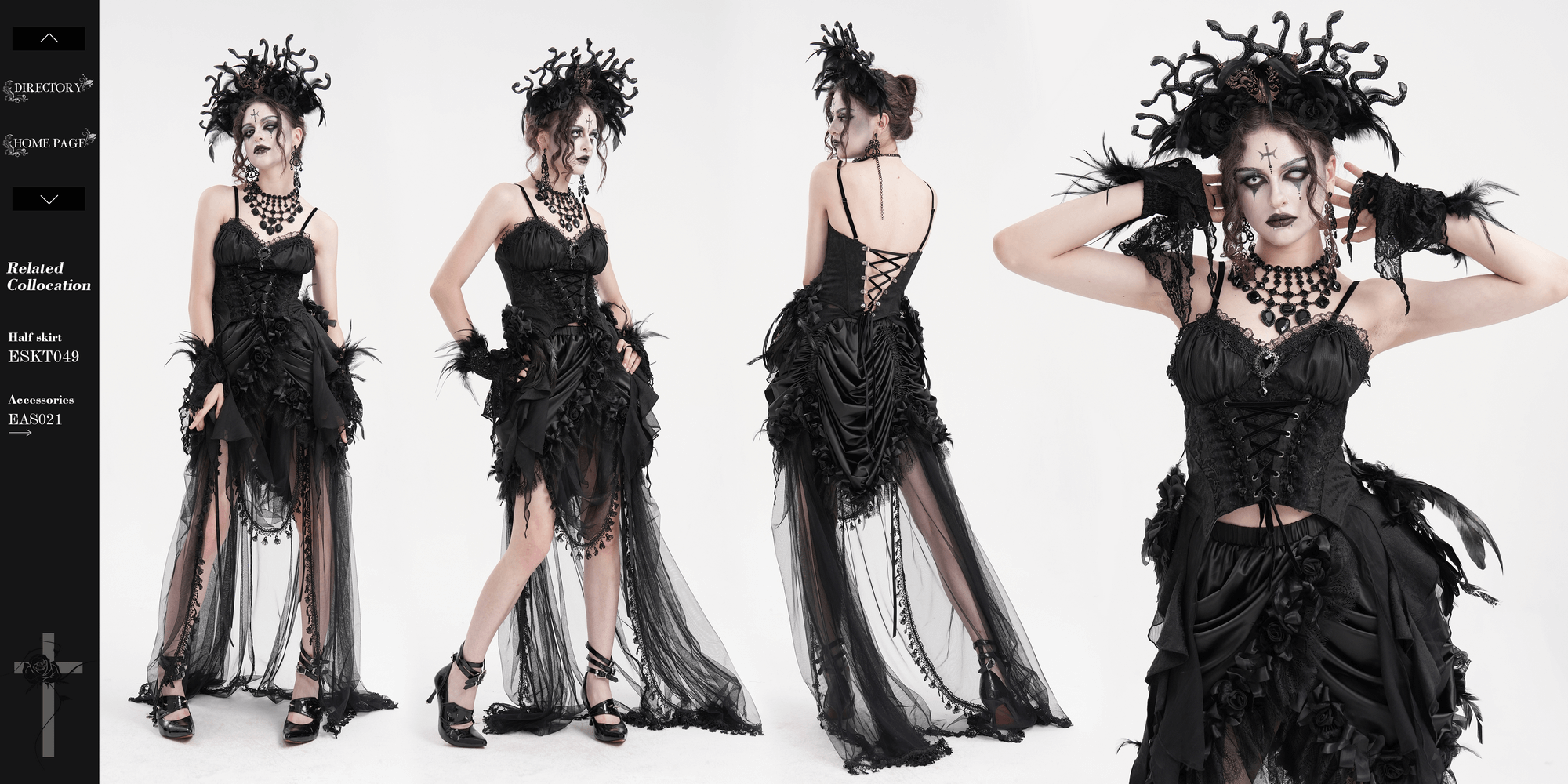 Gothic Black Feather Corset Top with lace-up, floral details, and dramatic feathers worn by a model in elegant poses.