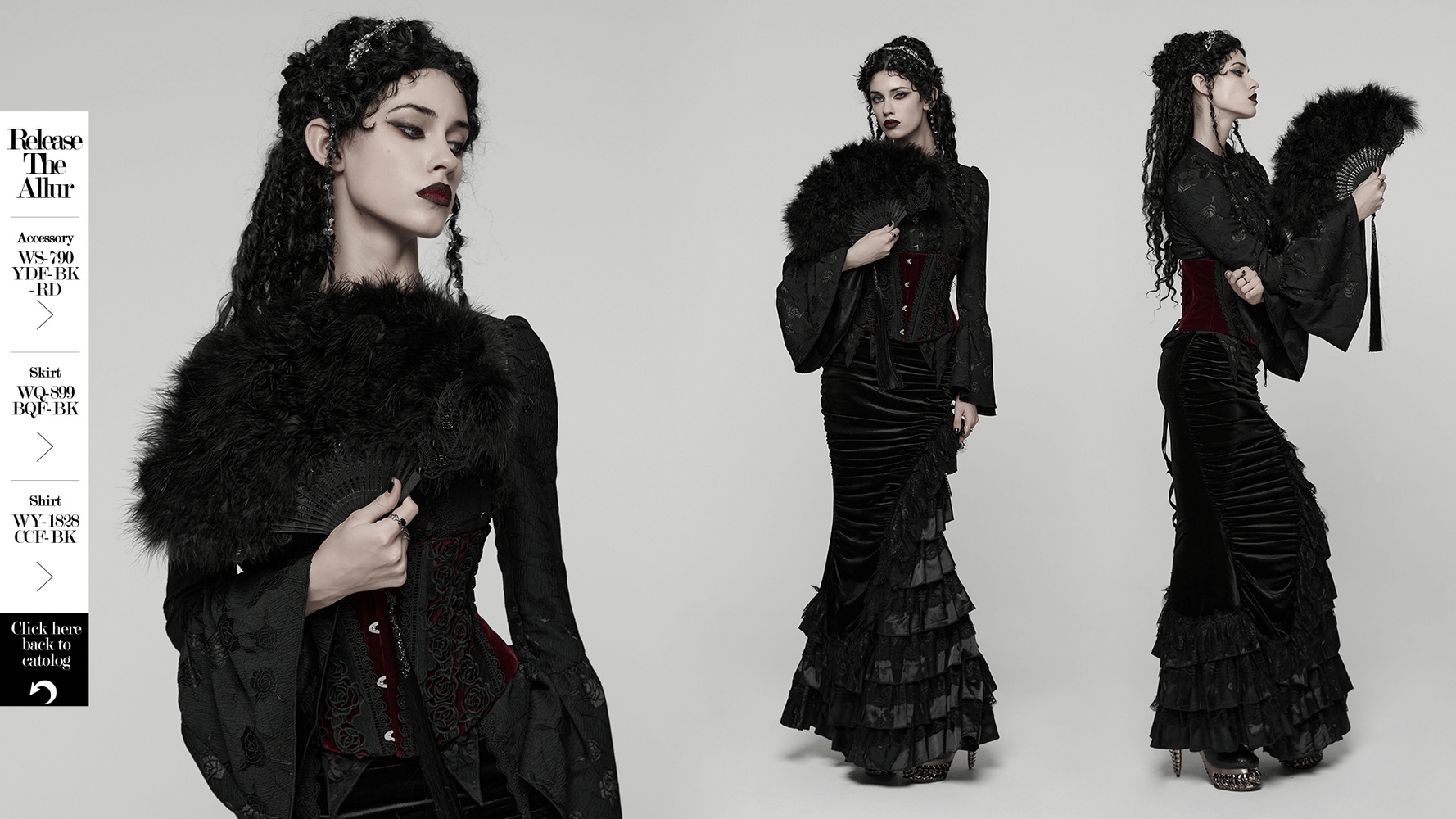 Gothic Black Feather Fan with Tassel and Cross Pendant held by a model in elegant dark fashion.