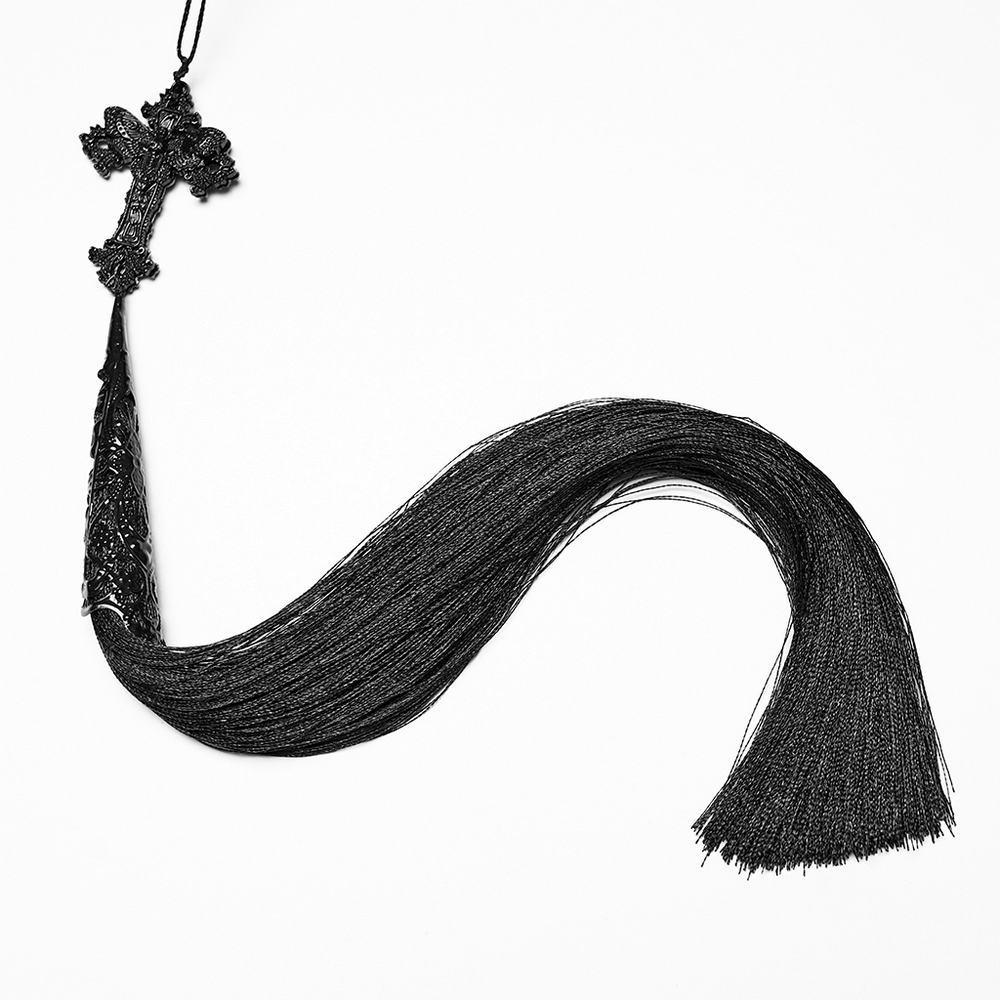 Gothic Black Feather Fan with Tassel and Cross Pendant showcasing elegant design and dark aesthetic charm.
