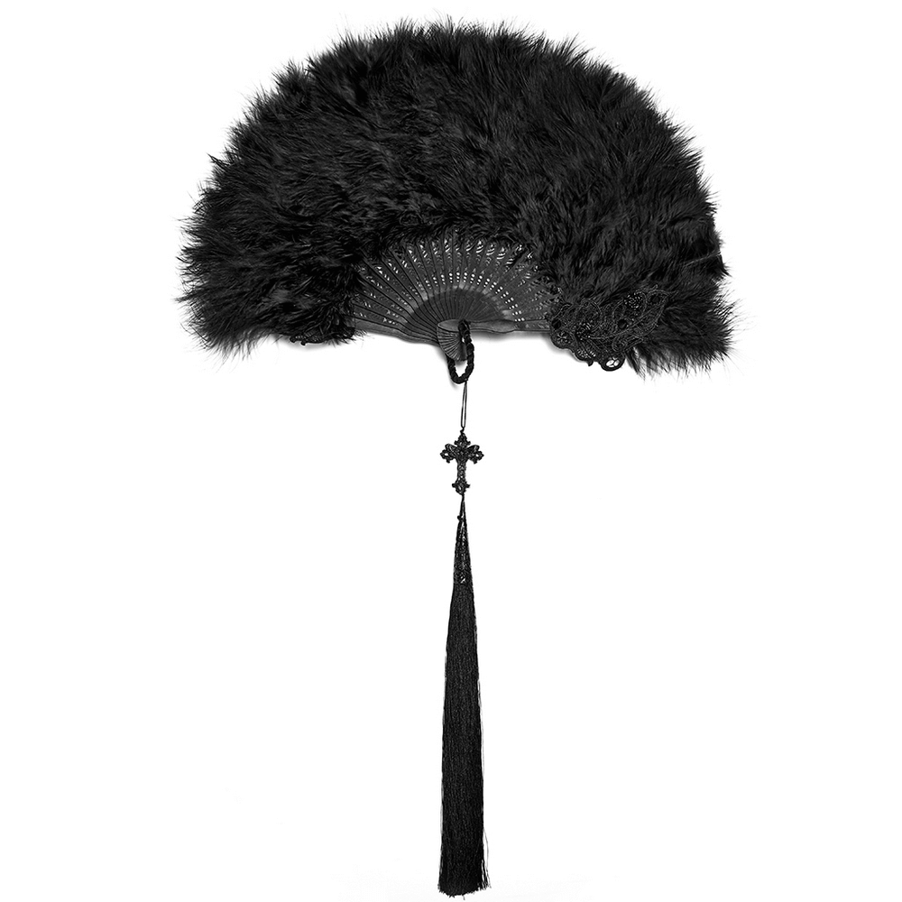 Gothic Black Feather Fan with Tassel and Cross Pendant showcasing dark elegance and romantic flair.