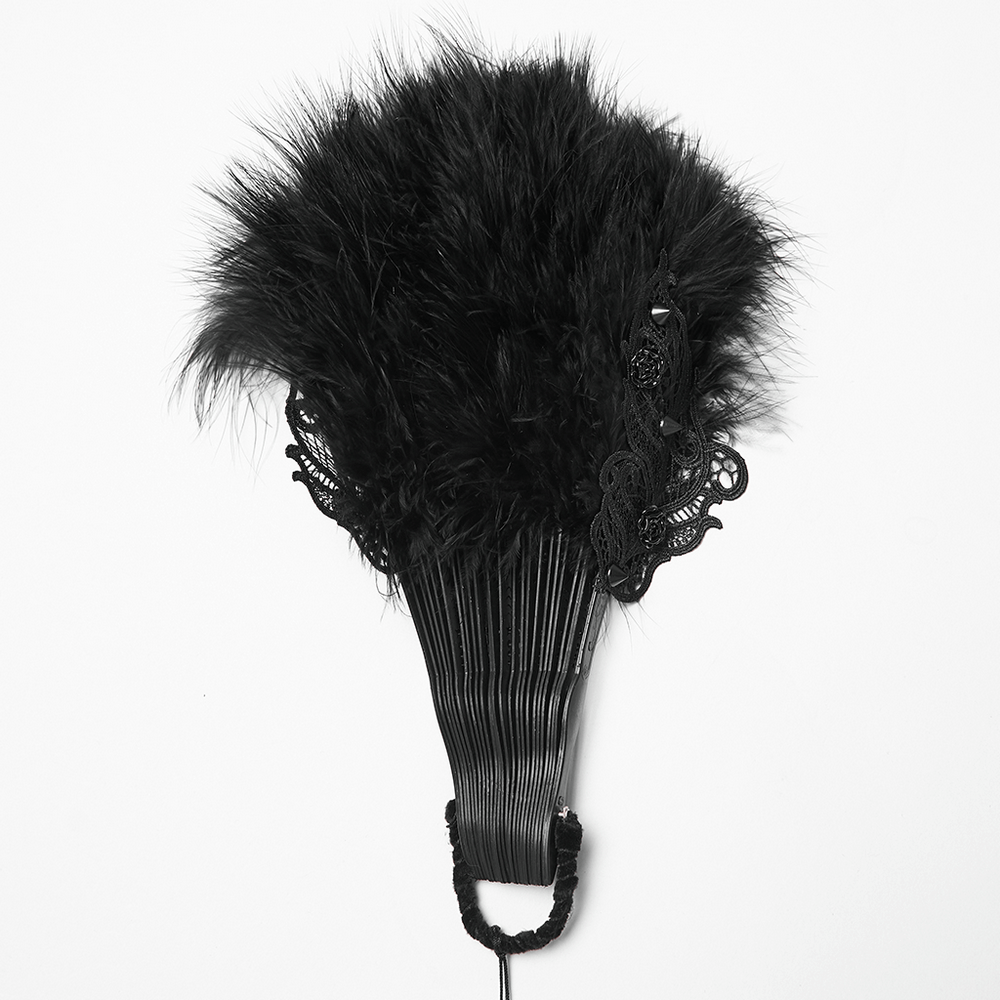 Gothic Black Feather Fan with Tassel and Cross Pendant showcasing eco-friendly feathers and intricate handle design.