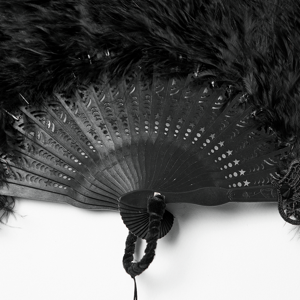Gothic Black Feather Fan with Tassel and Cross Pendant showcasing elegant black feathers and intricate design.