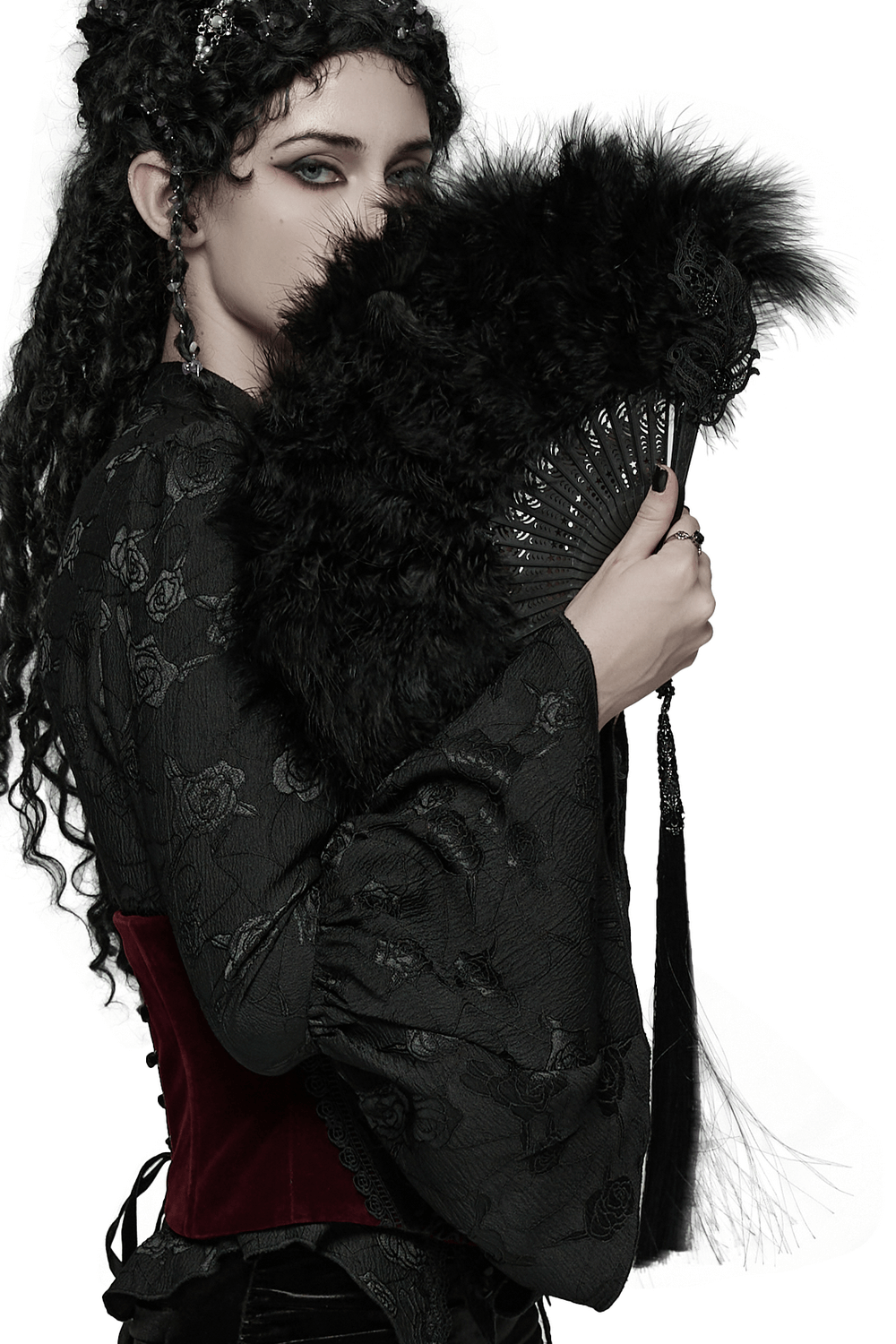 Gothic Black Feather Fan with Tassel and Cross Pendant held by a model in dark attire, exuding elegance and dark romance.