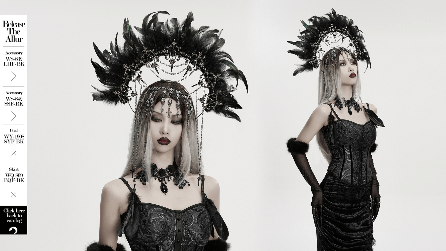 Gothic Black Feather Halo Headdress with Chains showcased by a stylish model in an elegant outfit.