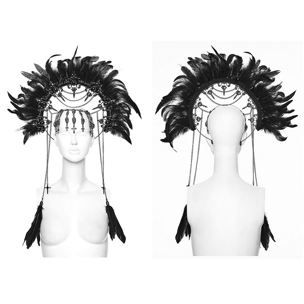 Gothic Black Feather Halo Headdress with Chains displayed on a mannequin showing intricate feather details.