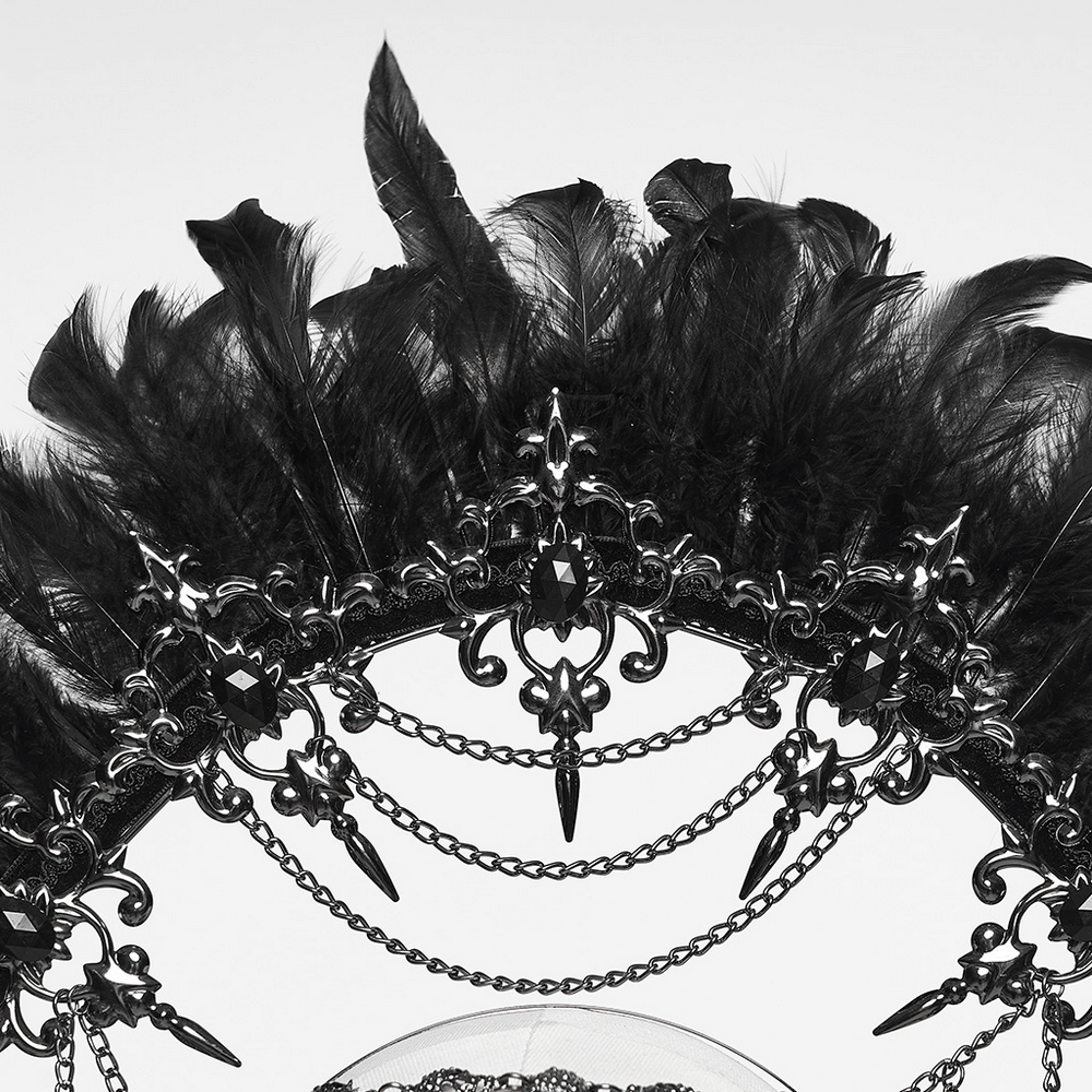 Gothic Black Feather Halo Headdress with Chains featuring dramatic black feathers and ornate chains.