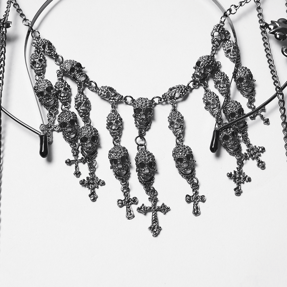 Gothic Black Feather Halo Headdress with Chains featuring intricate skull and cross details.