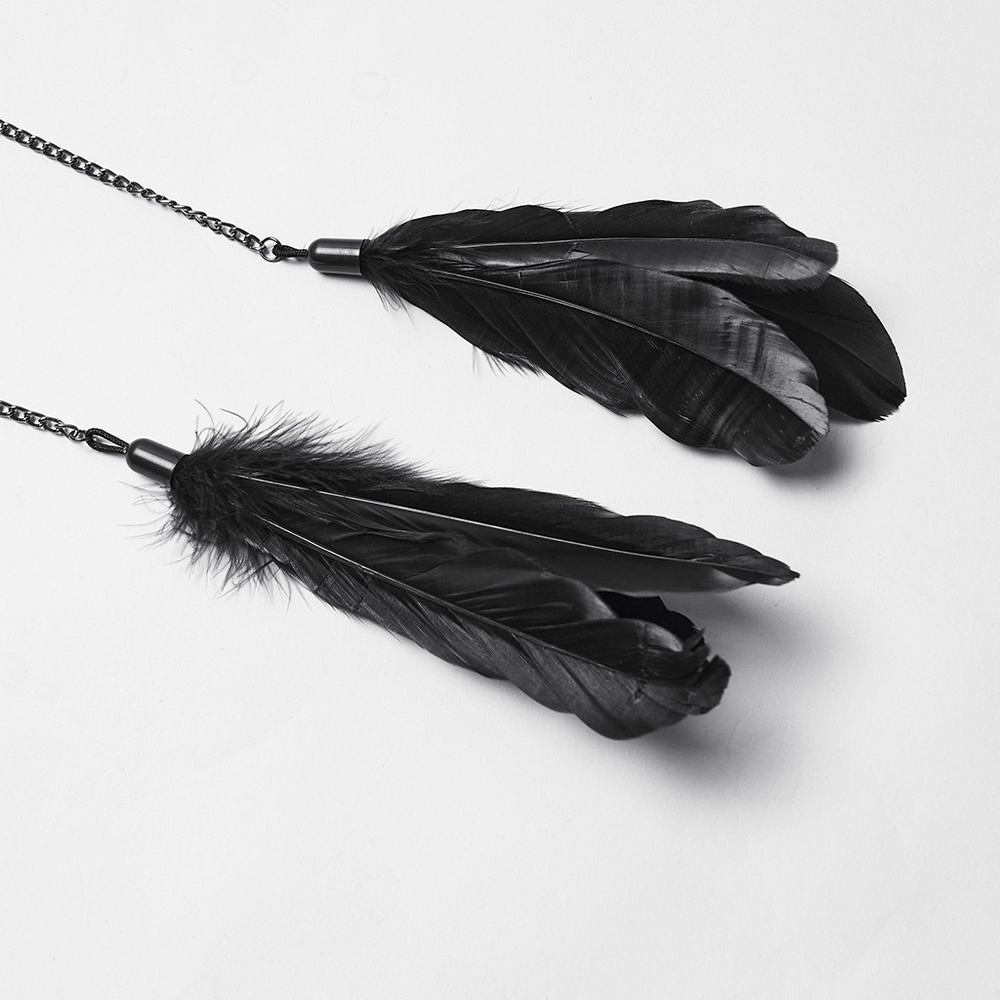 Gothic Black Feather Halo Headdress with Chains featuring stunning black feathers and intricate chain details.