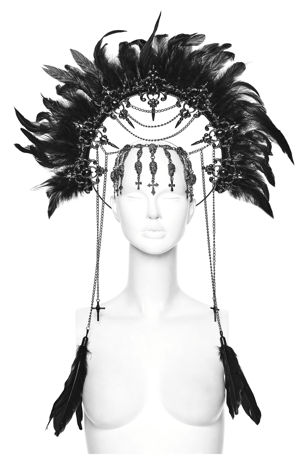 Gothic Black Feather Halo Headdress with Chains displayed on a mannequin, featuring intricate feathers and chains.