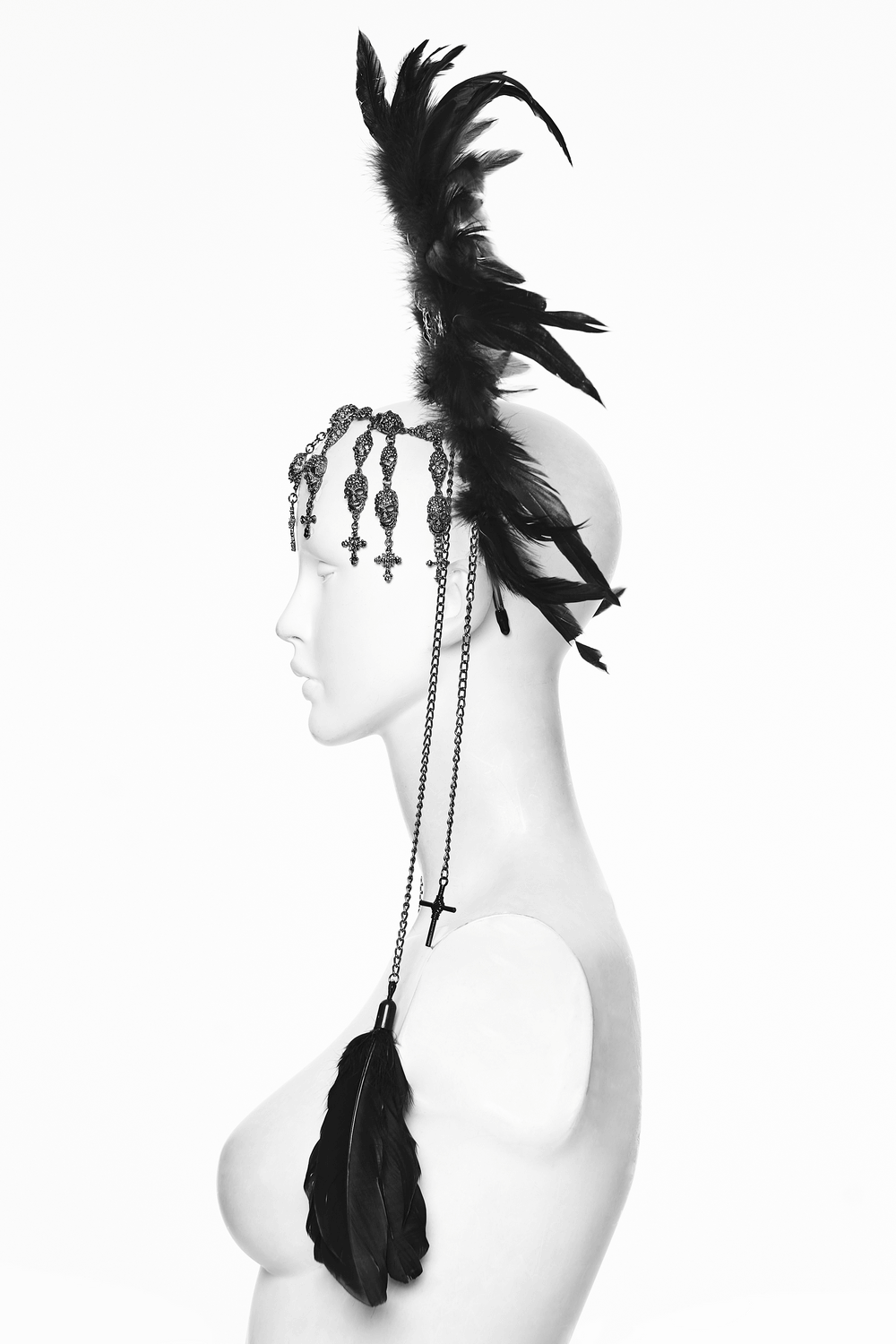 Gothic Black Feather Halo Headdress with Chains displayed on a mannequin side view, showcasing elegant feather accents.