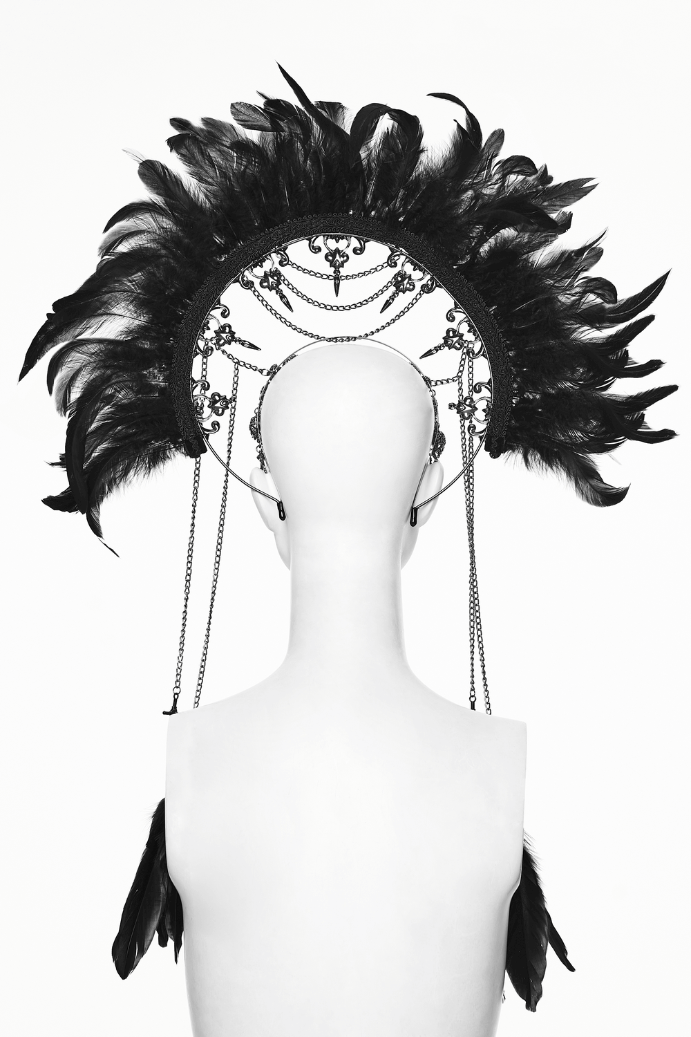 Gothic Black Feather Halo Headdress with Chains showcased on a mannequin from the back.