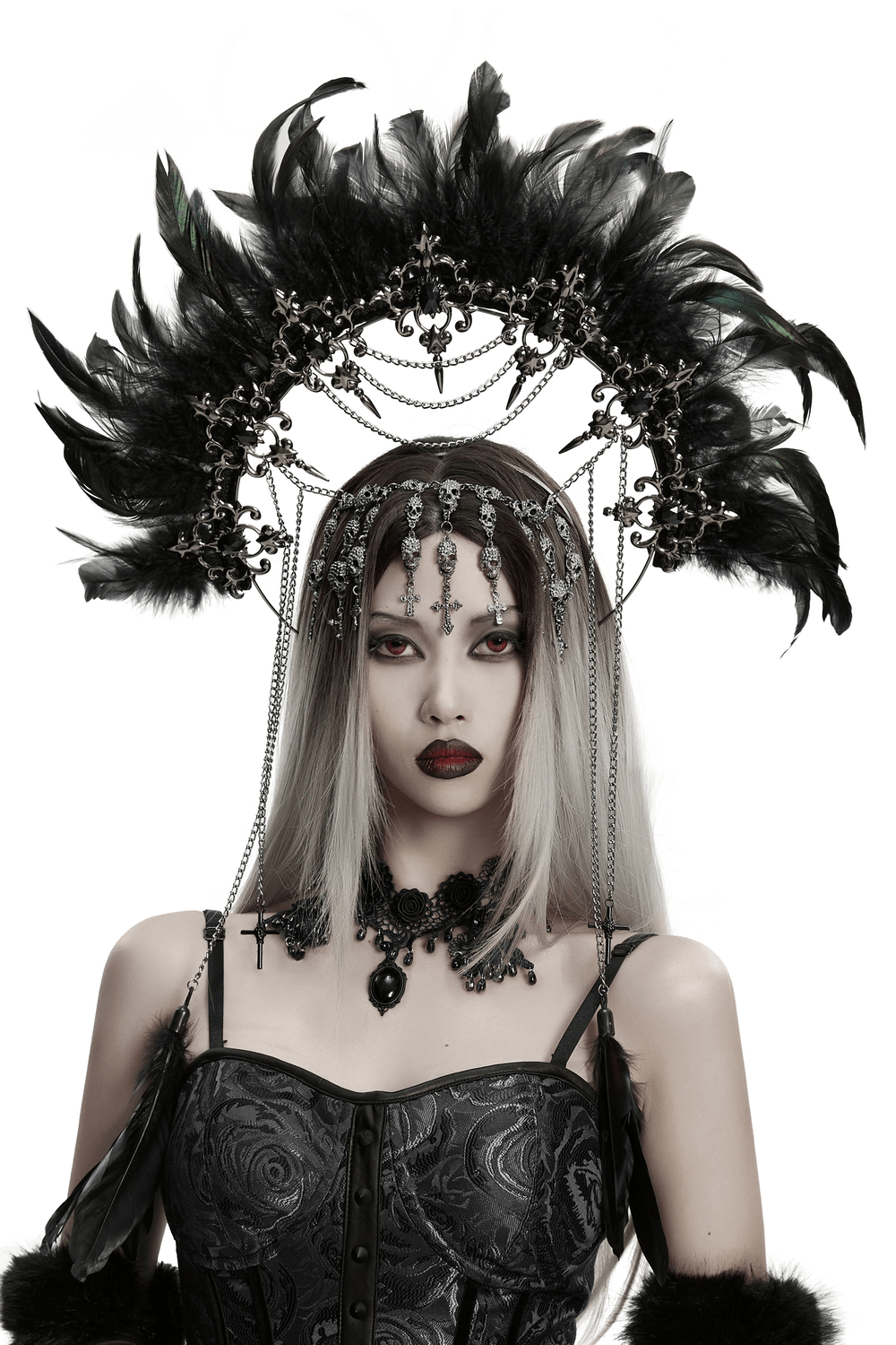 Gothic Black Feather Halo Headdress with Chains worn by a model, featuring dramatic feathers and chains.