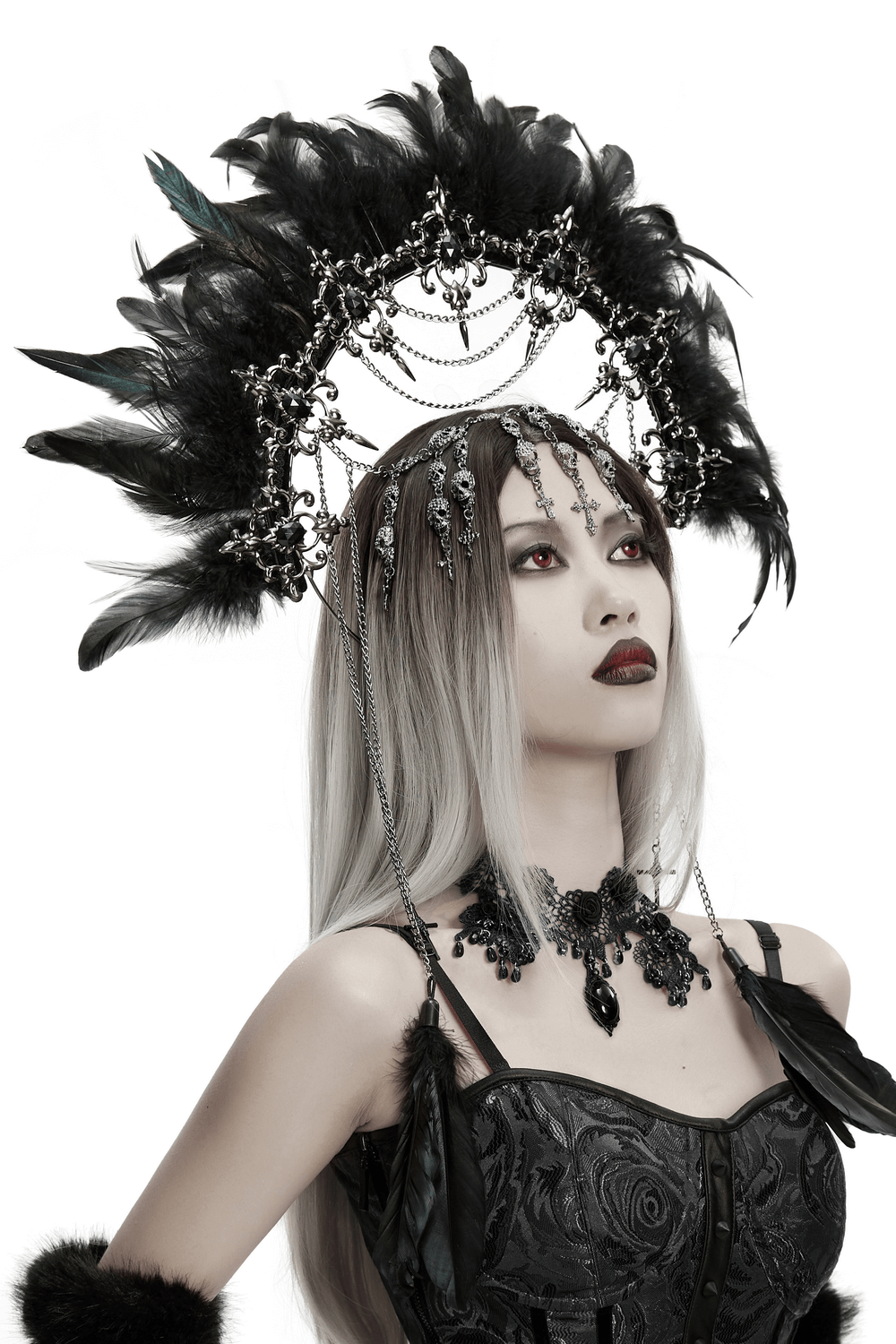 Gothic Black Feather Halo Headdress with Chains worn by a model showcasing its unique design and elegance.