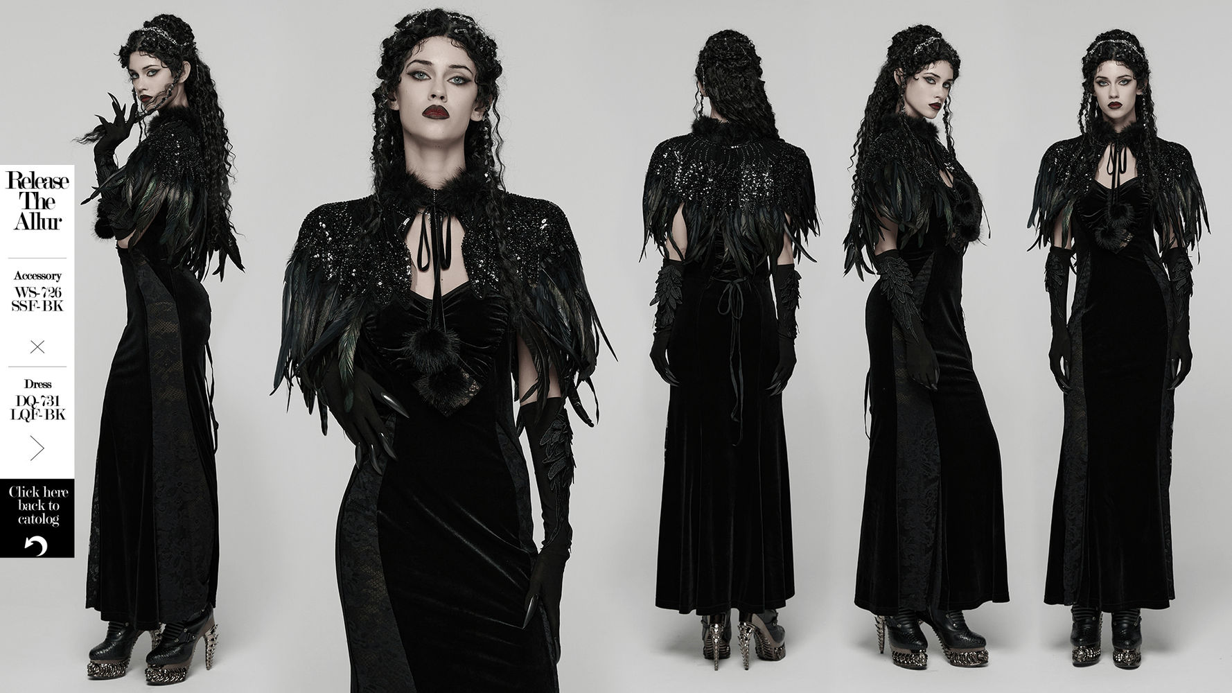 Gothic Black Feather Shoulder Cape with Sequins draped over elegant black dress, embodying dark glamour and chic style.