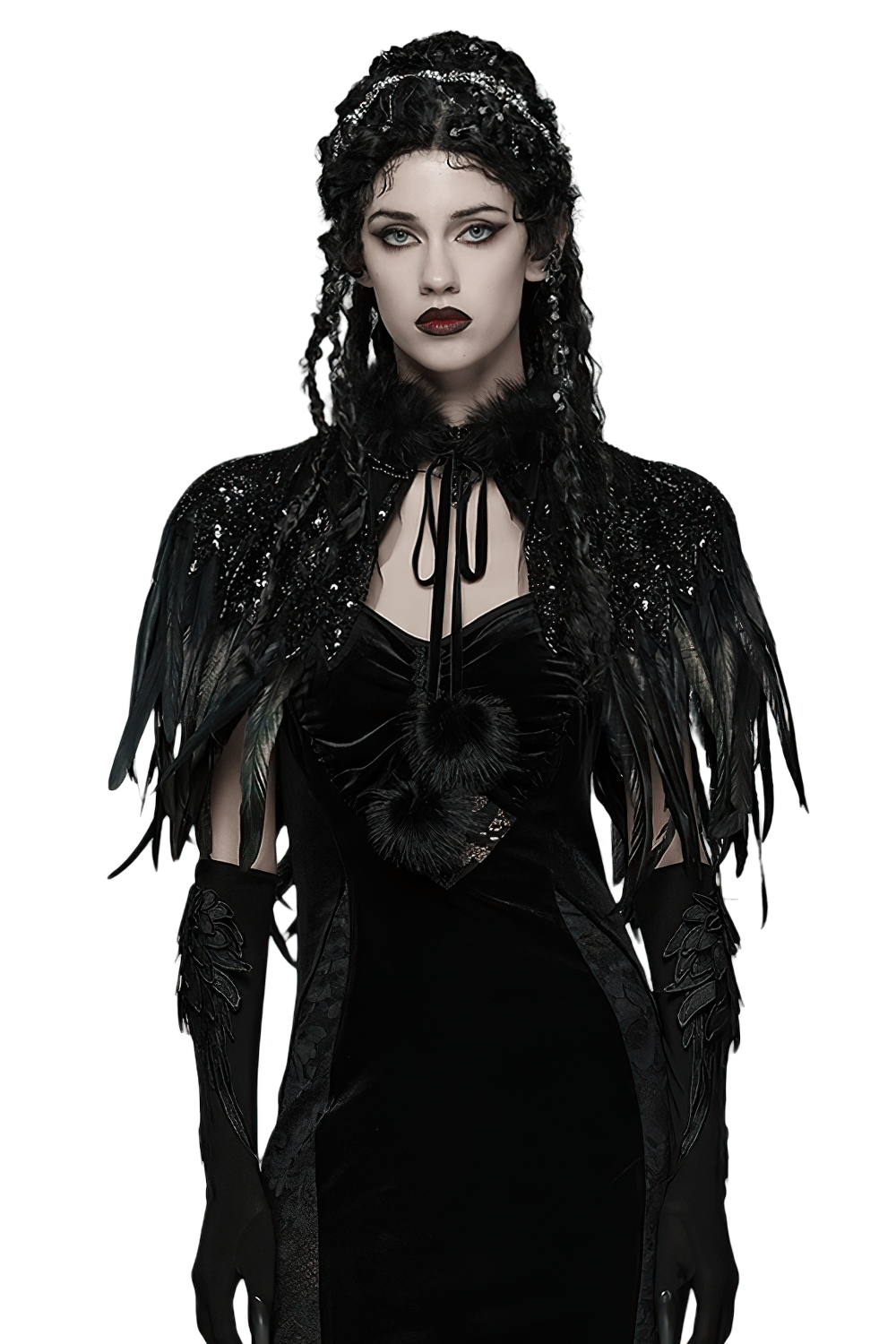 Gothic Black Feather Shoulder Cape with Sequins worn by a model, showcasing dramatic black feathers and sequin embellishments.
