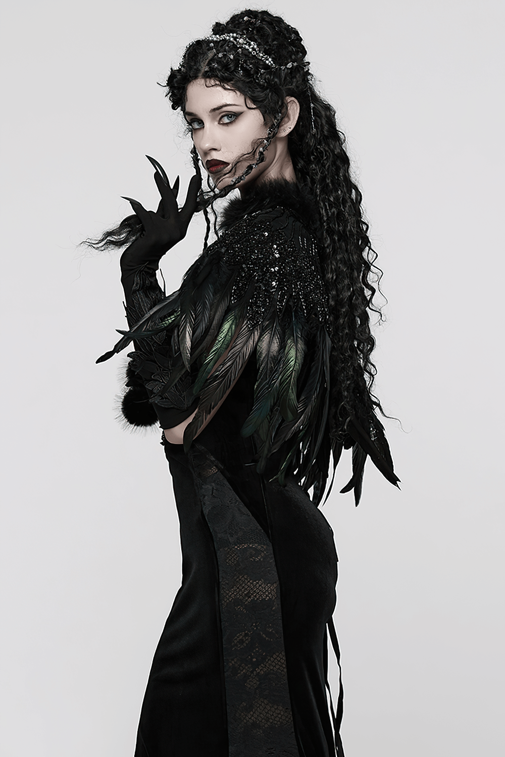 Gothic Black Feather Shoulder Cape with Sequins worn by a model, showcasing dramatic feathers and shimmer.