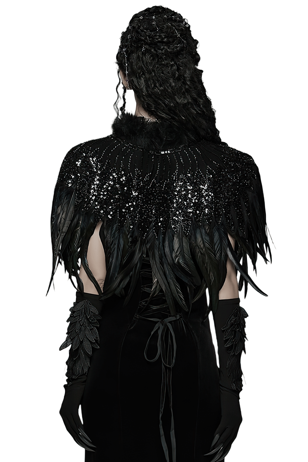Gothic Black Feather Shoulder Cape with Sequins displayed from the back, showcasing its feather and sequin embellishments.
