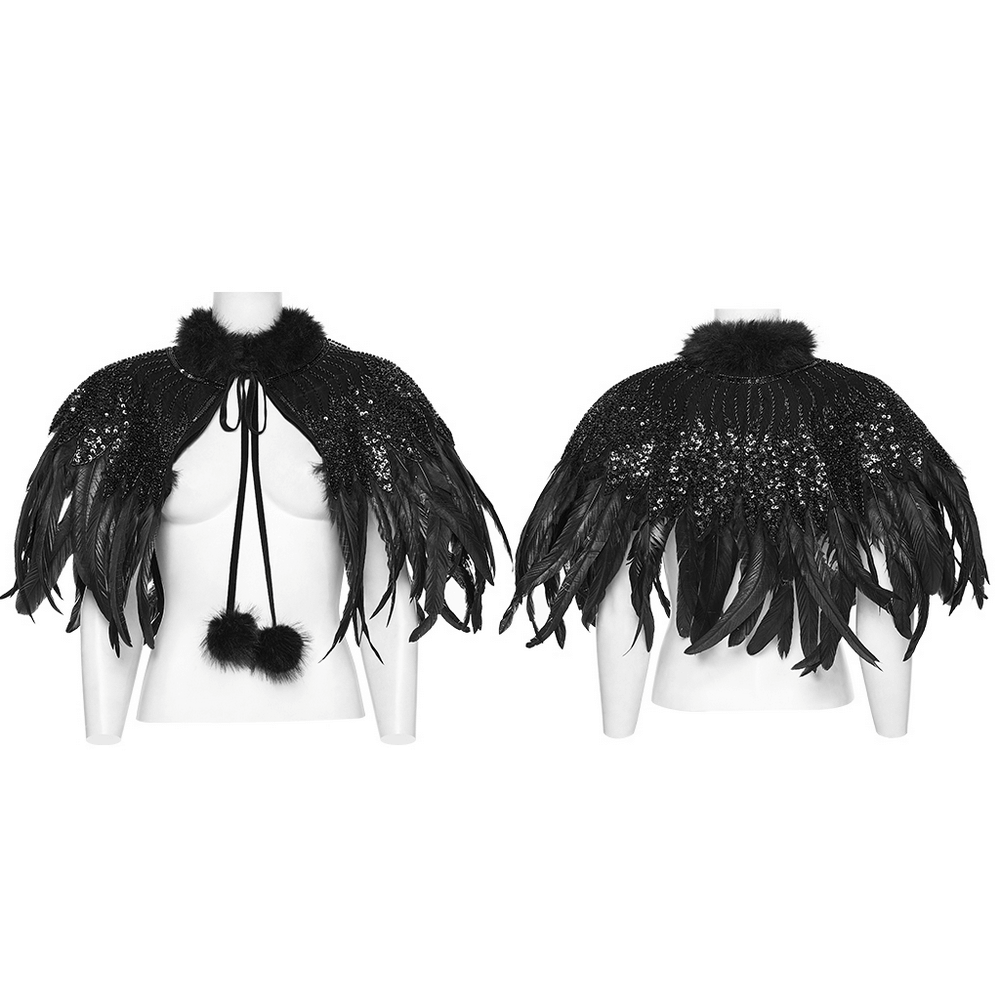 Gothic Black Feather Shoulder Cape with Sequins displayed from front and back, showcasing intricate feathers and shimmering sequins.