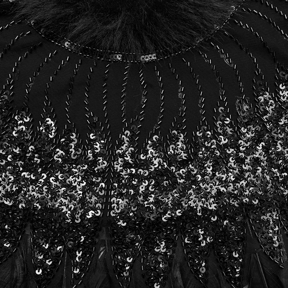 Gothic Black Feather Shoulder Cape with Sequins featuring intricate sequin detailing and fluffy collar.