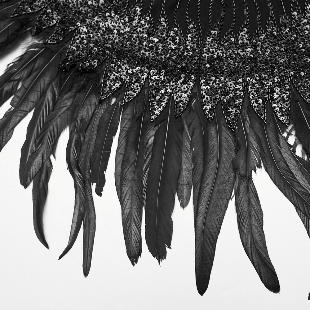 Gothic Black Feather Shoulder Cape with Sequins showcasing overlapping feathers and shimmering sequins for dramatic style.